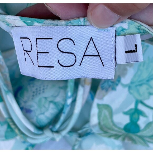 RESA River Dress Blue green Floral Maxi Long Open Back Straps satin size large - Picture 11 of 12